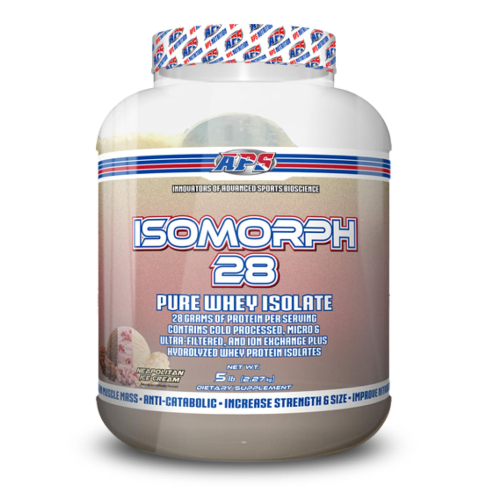 APS Nutrition IsoMorph 28 Neapolitan jar offers quick protein boost.