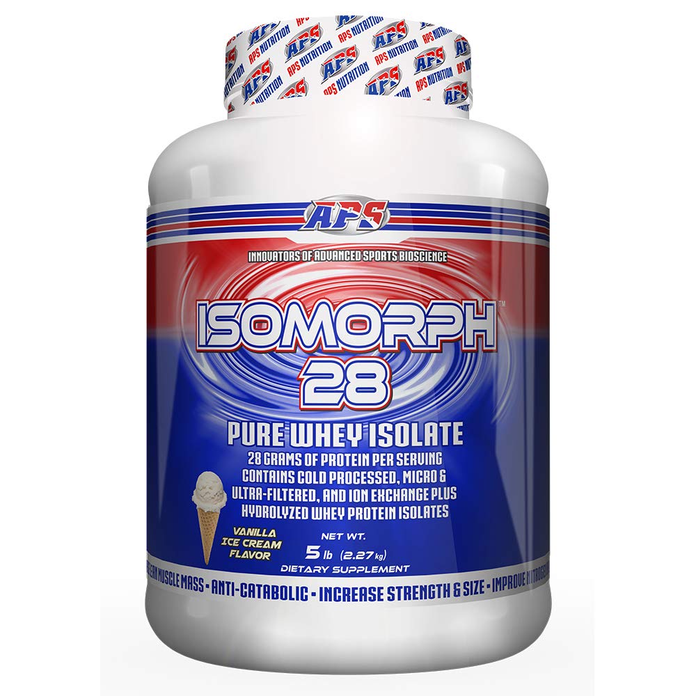 APS Nutrition Isomorph 28 protein powder bottle highlights fast-dissolving whey for lean support.