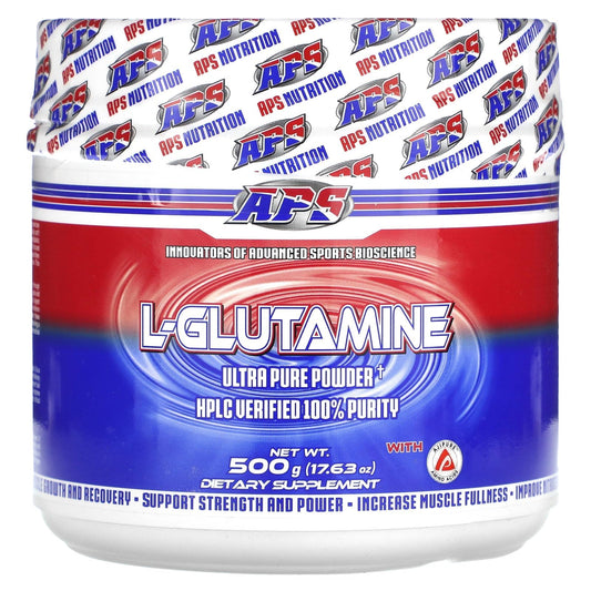 APS Nutrition L-Glutamine 500g powder container showcasing ultra-pure HPLC-verified formula.