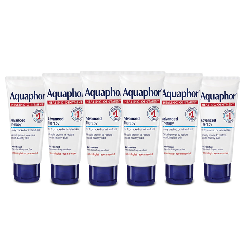 Aquaphor Healing Ointment tube close-up showing protective texture for dry skin.