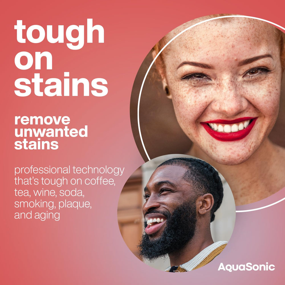 Aquasonic whitening strips being applied to teeth for easy at-home use.
