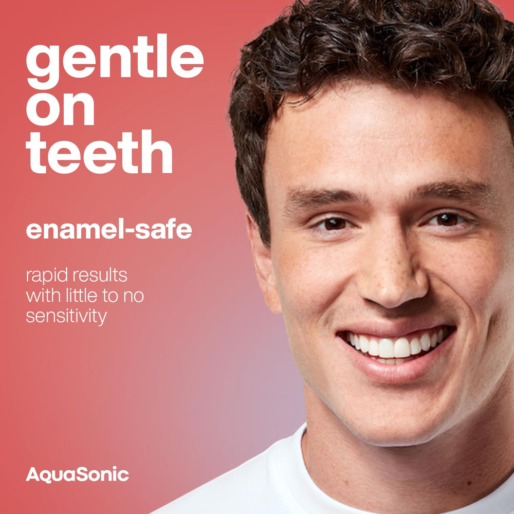 Aquasonic strips on teeth showing even coverage for progressive whitening.