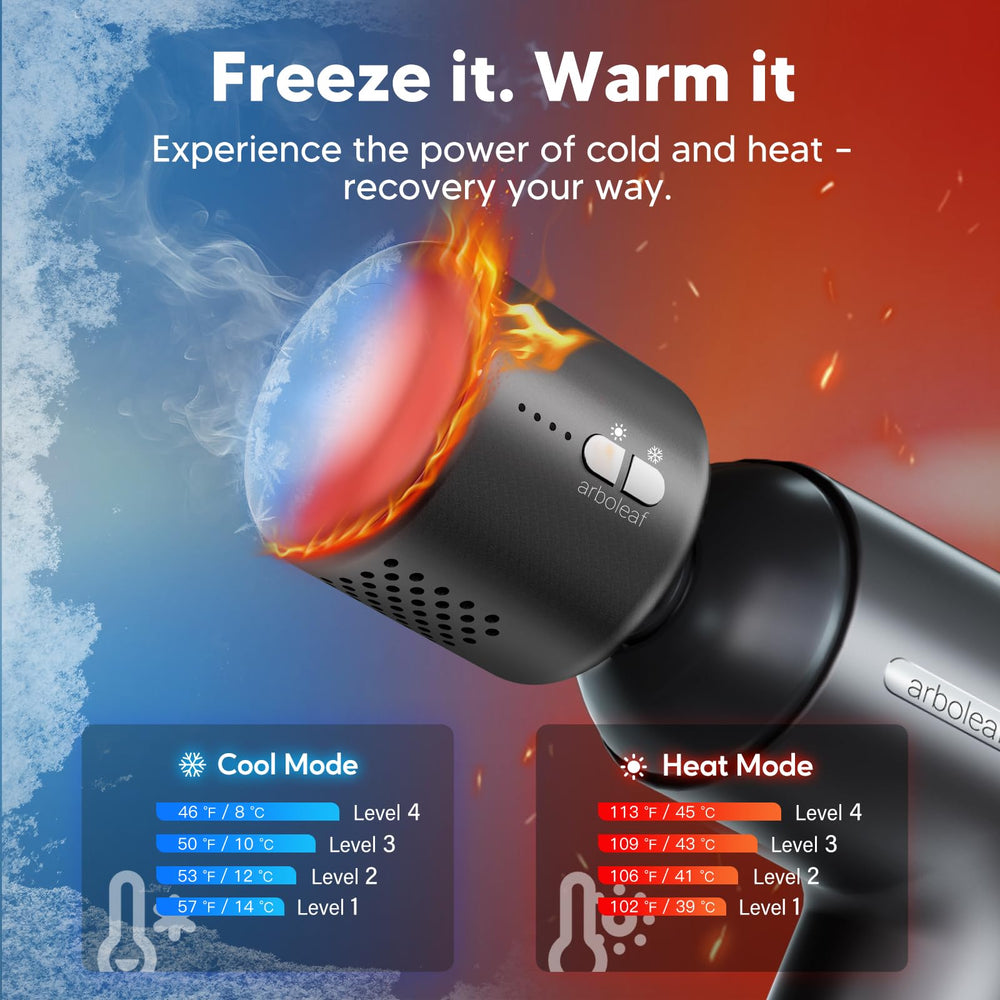 Thermacool massage gun showing cold settings for muscle tension relief.