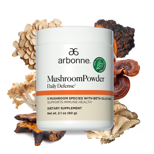 Arbonne Daily Defense Mushroom Powder pack shot highlighting immune-supportive organic blend