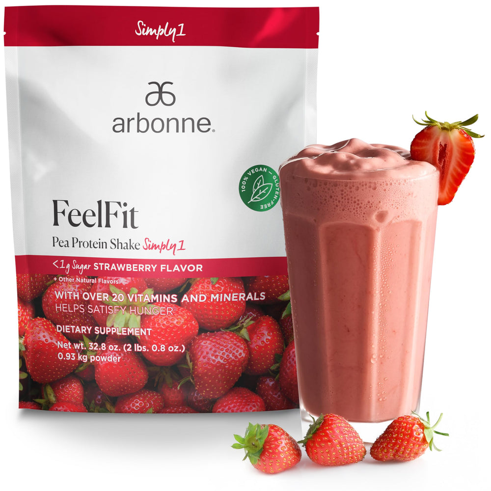 Arbonne FeelFit strawberry pea protein powder tub for smoothie nutrition