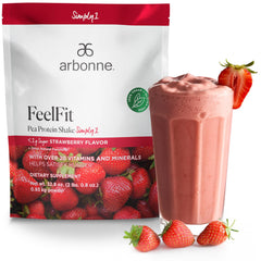 Arbonne FeelFit strawberry pea protein powder tub for smoothie nutrition