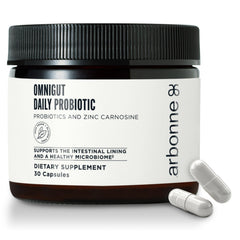 Arbonne OmniGut bottle front view showing daily probiotic support for gut health.