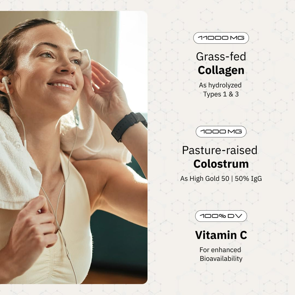 ARC Radiance bottle image highlights grass-fed collagen and colostrum for skin, joints, and immune support