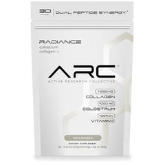 ARC Radiance collagen-colostrum powder packaging showcases premium formula for daily skin, joint, and gut support