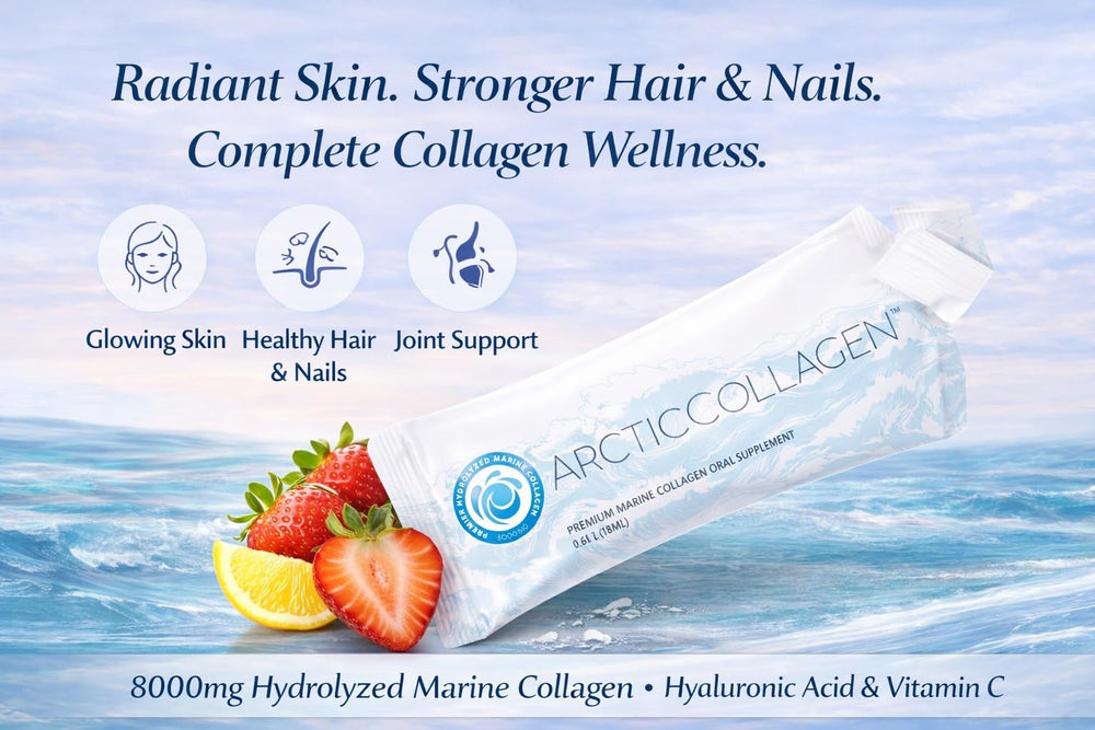 ARCTICCOLLAGEN strawberry liquid sachets on-the-go for busy days.