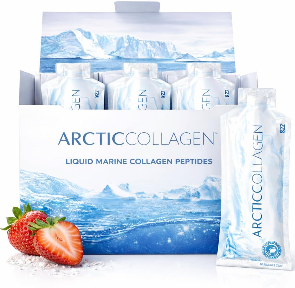 ARCTICCOLLAGEN strawberry liquid sachets packaging for daily wellness.