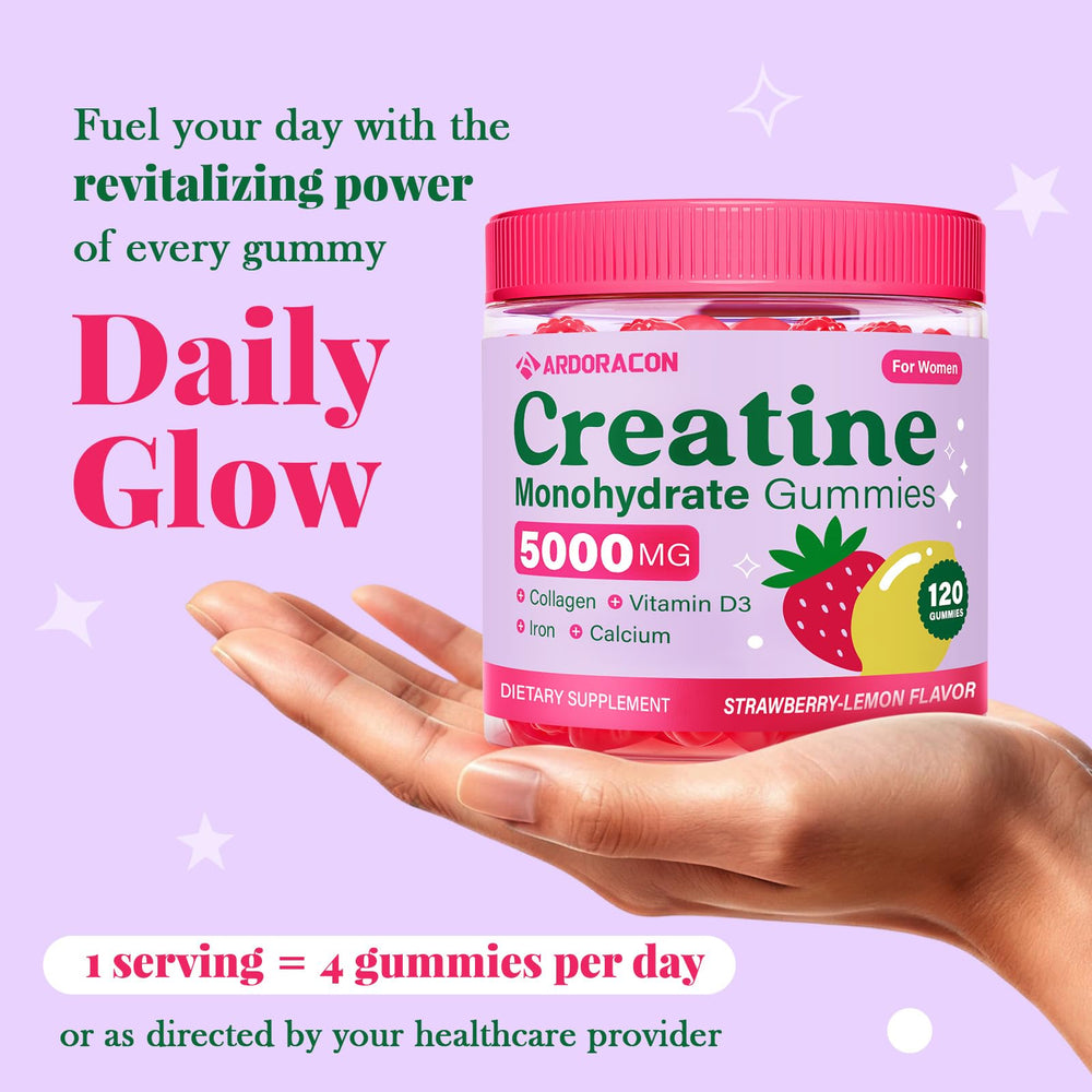 ARDORACON Creatine Women jar image shows 120 gummies in a compact daily bottle.