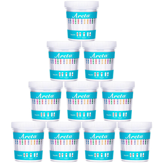 Areta 14-panel urine test cup front view for quick home testing.