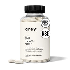 Arey Not Today capsules arranged for daily intake to potentially slow greying.