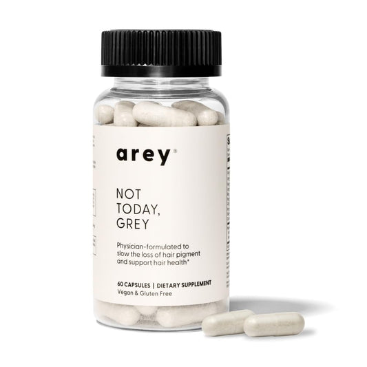 Arey Not Today grey daily supplement bottle highlighting hair health benefits