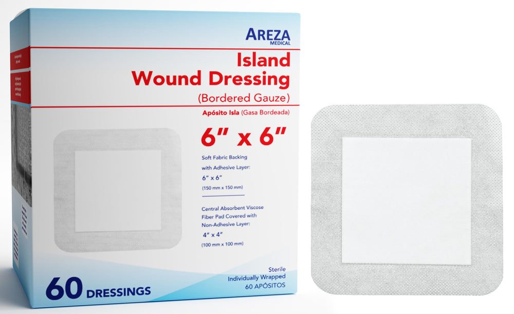 Areza Medical bordered gauze island dressing, front view, 6x6 protection for wounds
