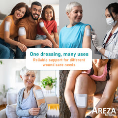 Areza Medical bordered gauze island dressing, water-resistant border feature