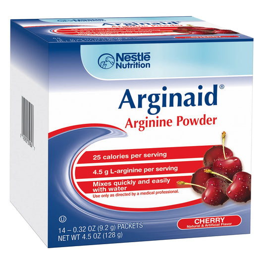 Arginaid Cherry drink mix box front highlighting convenient, low calorie nutrition.