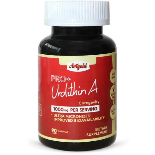 Arigold Urolithin A Pro 1000mg bottle highlighting energy support benefits