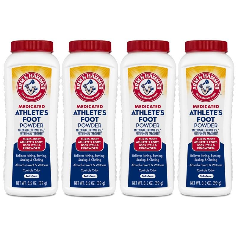 Arm & Hammer Athlete's Foot Powder bottle close-up showing medicated foot care.