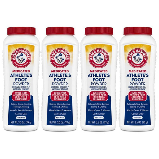 Arm & Hammer Athlete's Foot Powder bottle close-up showing medicated foot care.