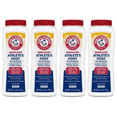 Arm & Hammer Athlete's Foot Powder bottle close-up showing medicated foot care.