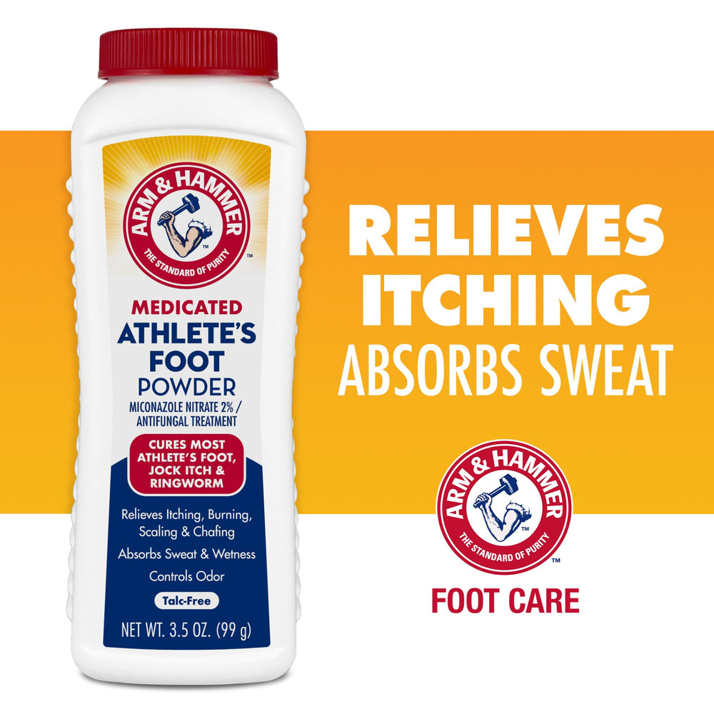 Arm & Hammer Athlete's Foot Powder 4-pack packaging for keeping feet fresh.