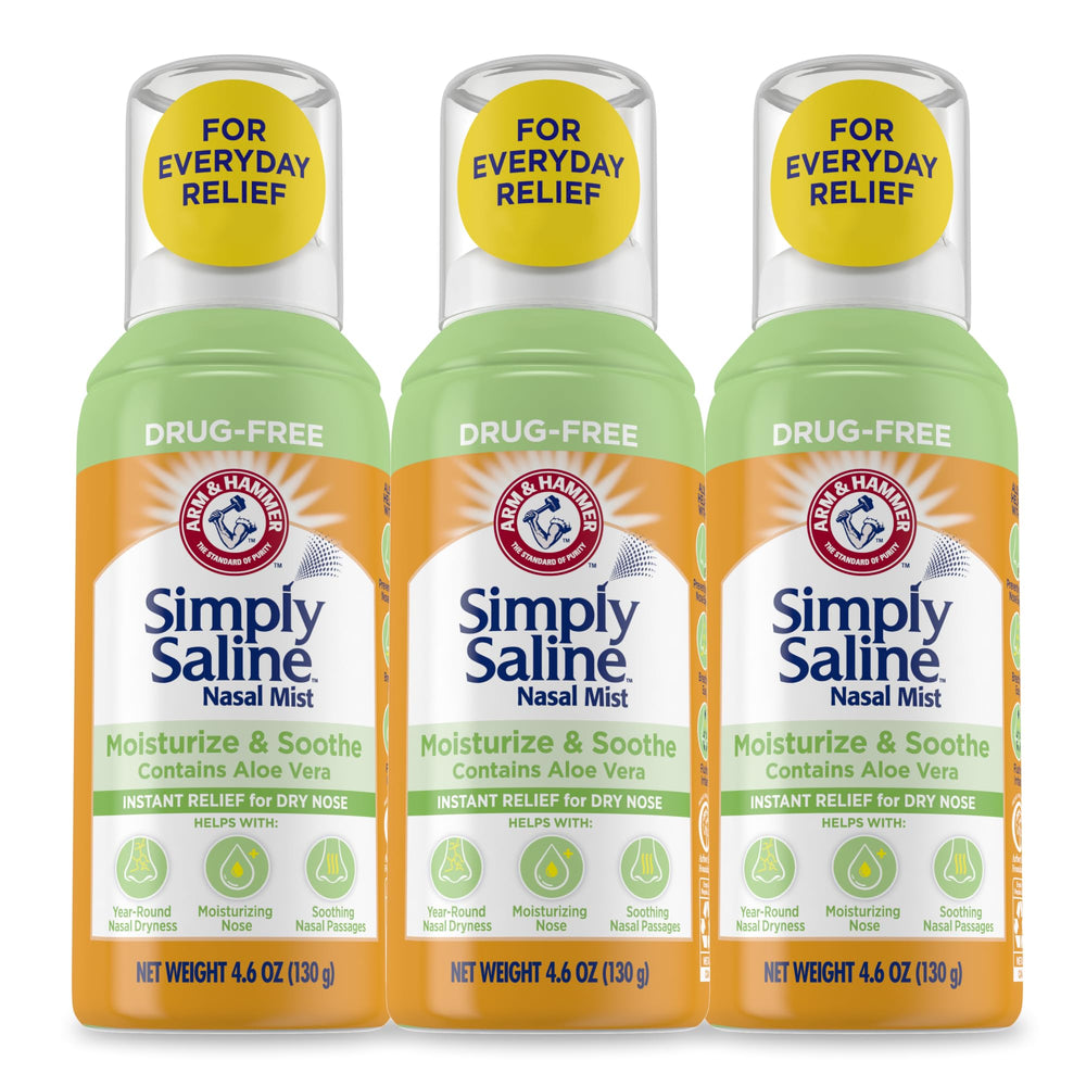 Arm & Hammer Simply Saline Mist bottle front shows a drug-free nasal moisture option.