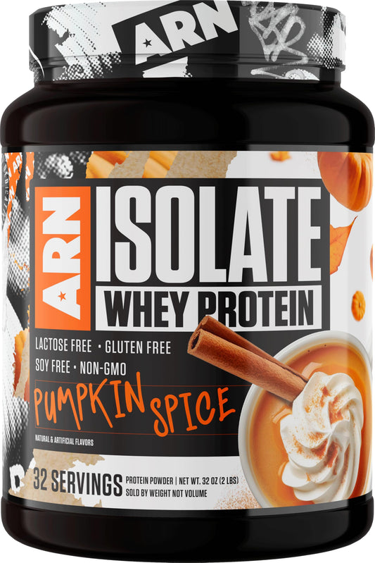Arms Race ARN Isolate Whey Pumpkin Spice bottle for a high-protein shake
