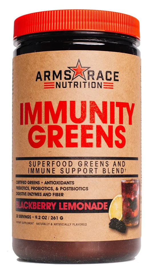 Arms Race Nutrition Immunity Greens bottle front showing blackberry lemonade flavor, tasty daily boost.