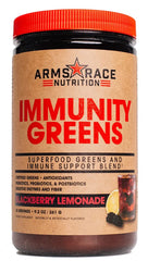 Arms Race Nutrition Immunity Greens bottle front showing blackberry lemonade flavor, tasty daily boost.