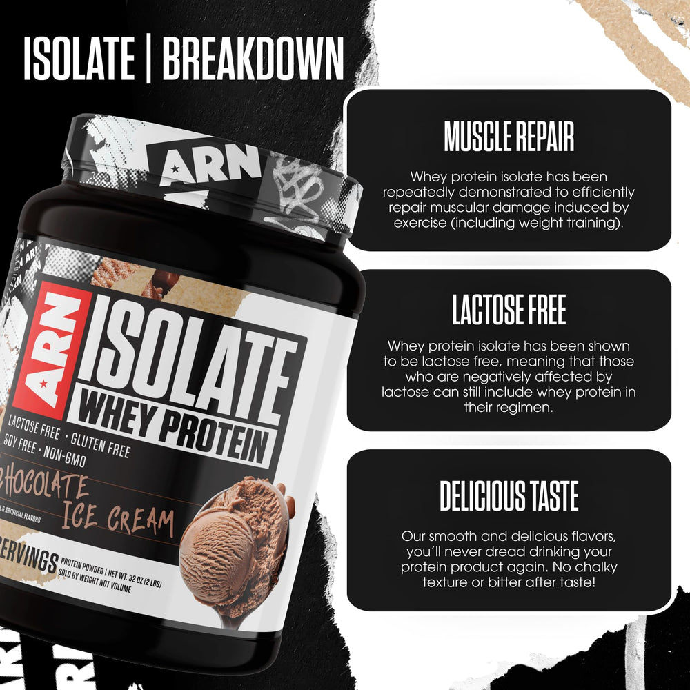ARN Isolate Whey label front with nutrition details.