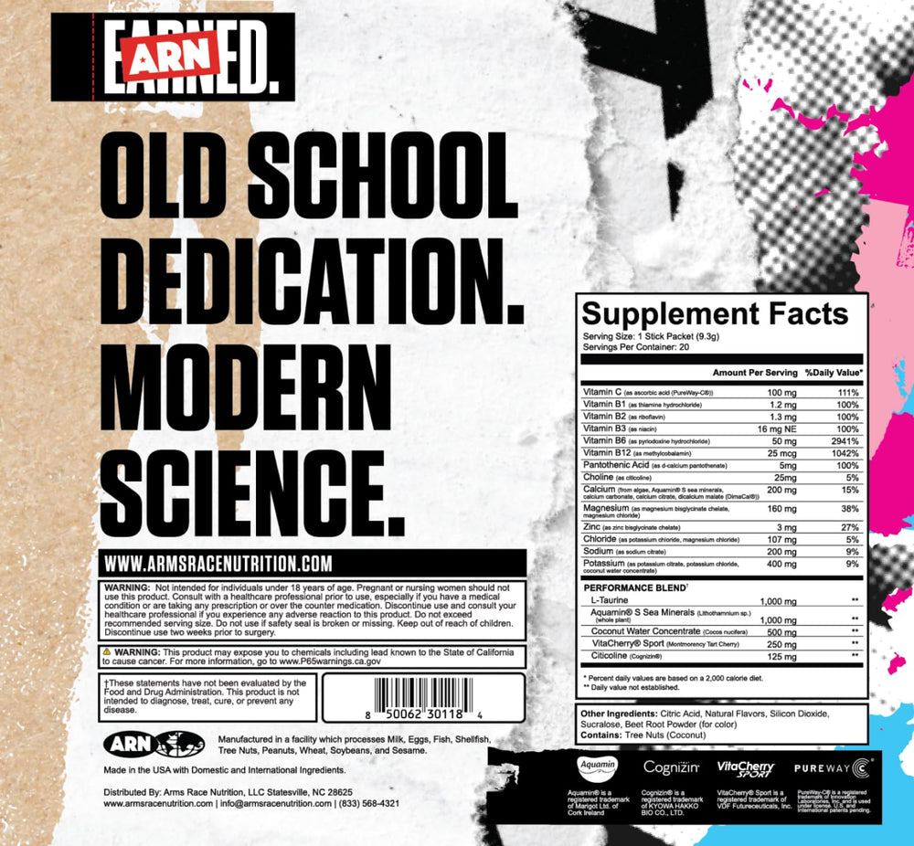 Close-up of ARN Replenish Elite Hydration rainbow sherbet packet