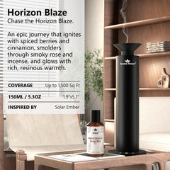 Aroma Manor Horizon Blaze label closeup highlights pure oils for clean diffusion.