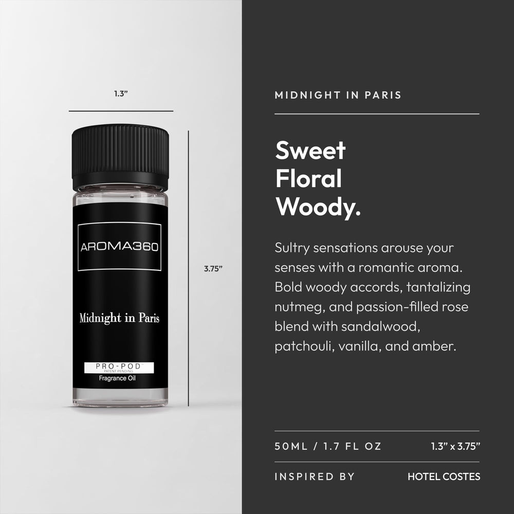 Aroma360 Midnight in Paris Pro Pod 50ml label detail highlighting vegan and cruelty-free formula