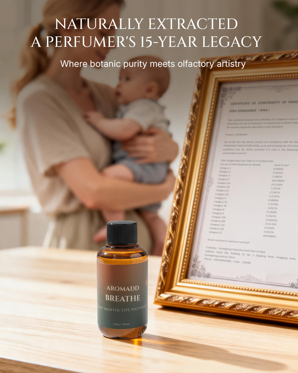 AROMADD Breathe Diffuser Oil label closeup showing heritage styling and clarity.