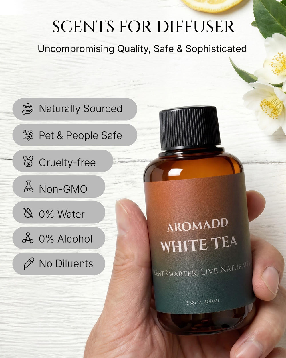 Aromadd White Tea diffuser with lemon top notes for a bright opening.