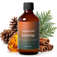Aromadd Santal diffuser oil bottle signals luxury hotel-inspired fragrance at home.