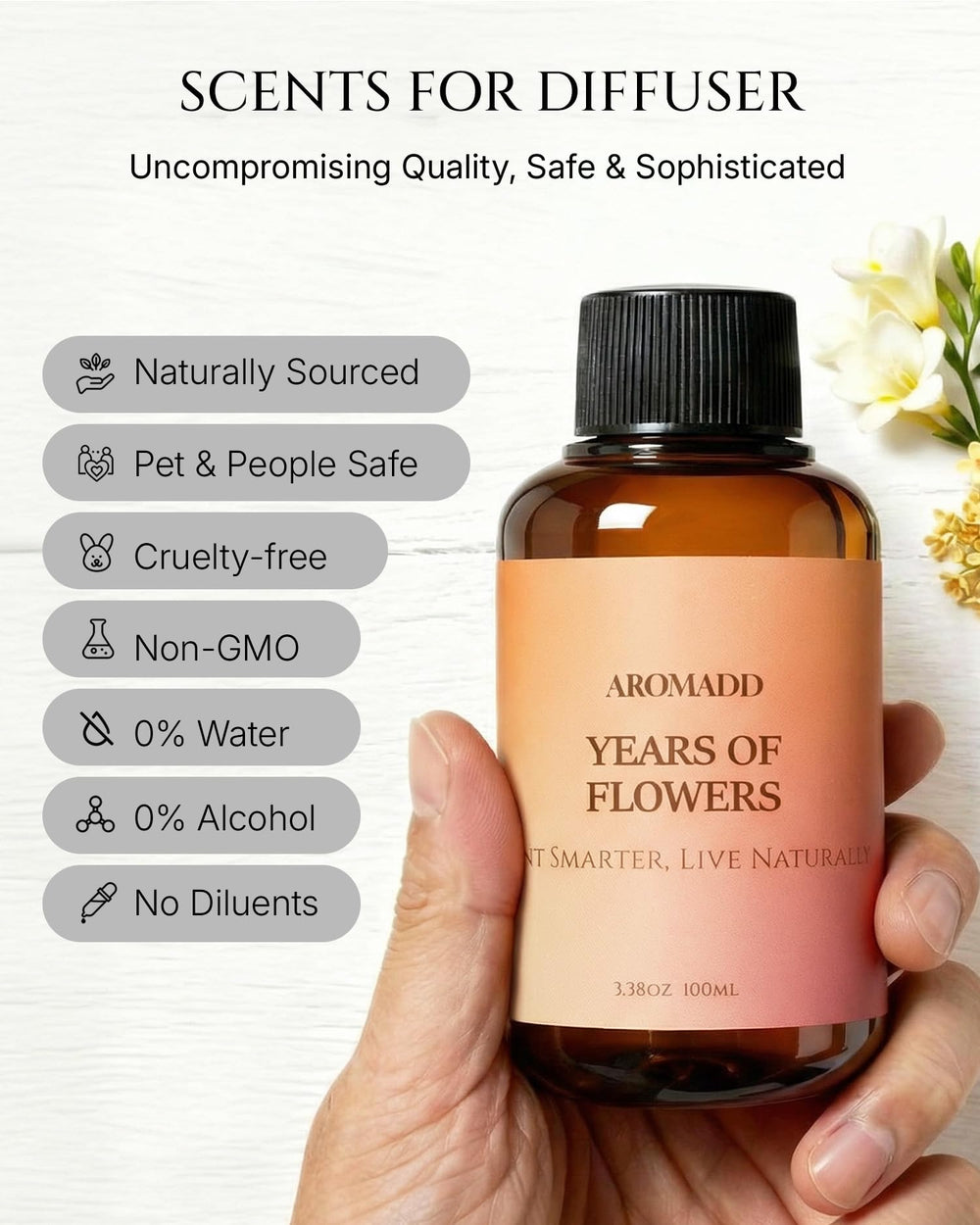 Aromadd Years of Flowers diffuser in a room scene delivering long-lasting hotel-inspired aroma