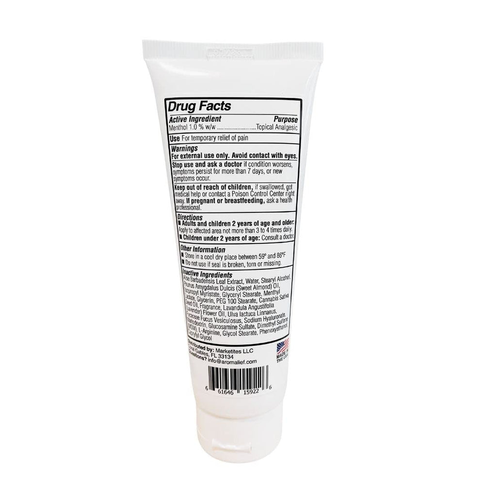 Aromalief Lavender Relief Therapy Cream label shows cruelty-free and paraben-free claims