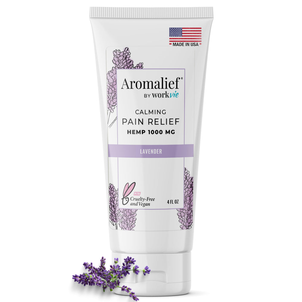 Aromalief hemp cream lavender label illustrates vegan relief for tired muscles