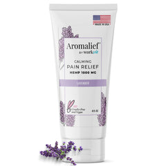 Aromalief hemp cream lavender label illustrates vegan relief for tired muscles