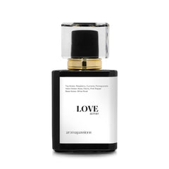 aromapassions LOVE bottle closeup shows premium design and lasting fragrance.