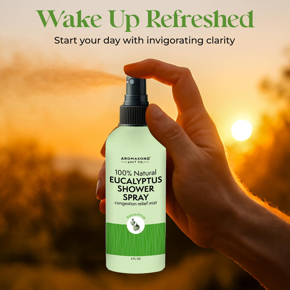 Aromasong Eucalyptus scent near glass, evokes a spa-like shower experience.