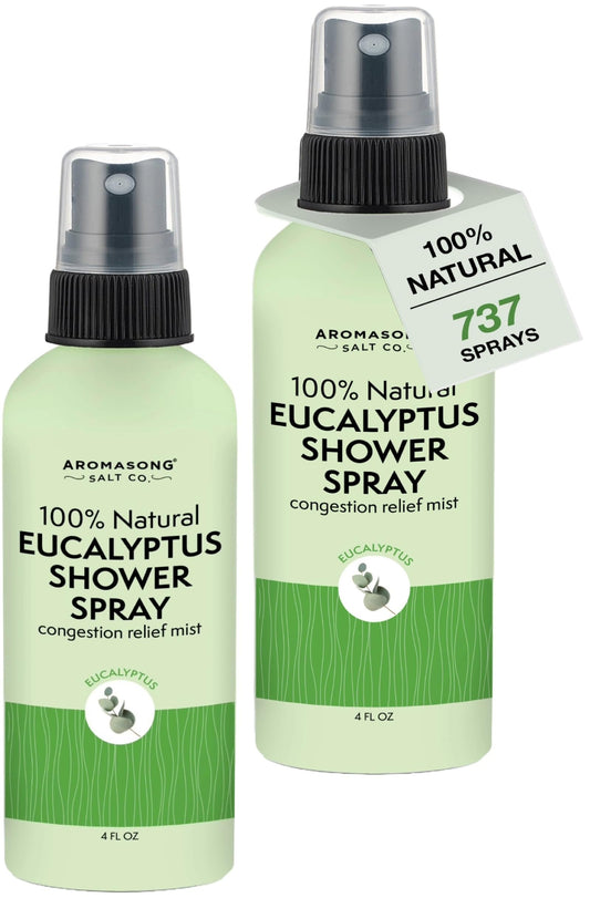Aromasong Eucalyptus Shower Spray bottle on a bathroom counter, pure essential oil mist for refreshing steam.