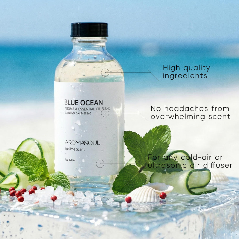 AROMASOUL Blue Ocean diffuser oil ambergris-closeup highlights warm coastal notes