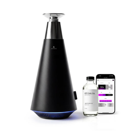 AROMASOUL waterless diffuser front view shows premium alloy build and ambient glow.