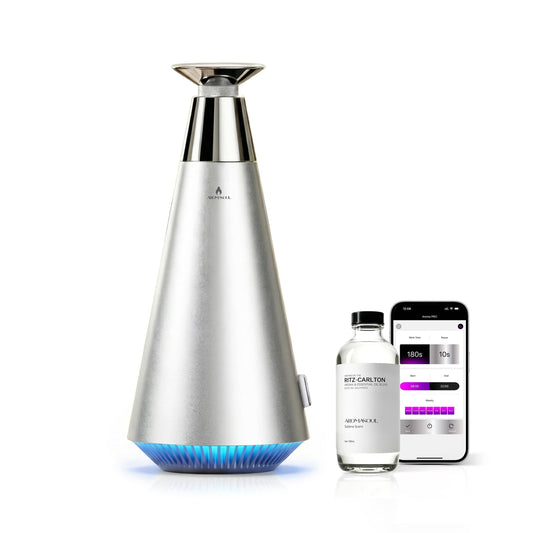 AROMASOUL waterless diffuser in silver, front view, long-lasting fragrance