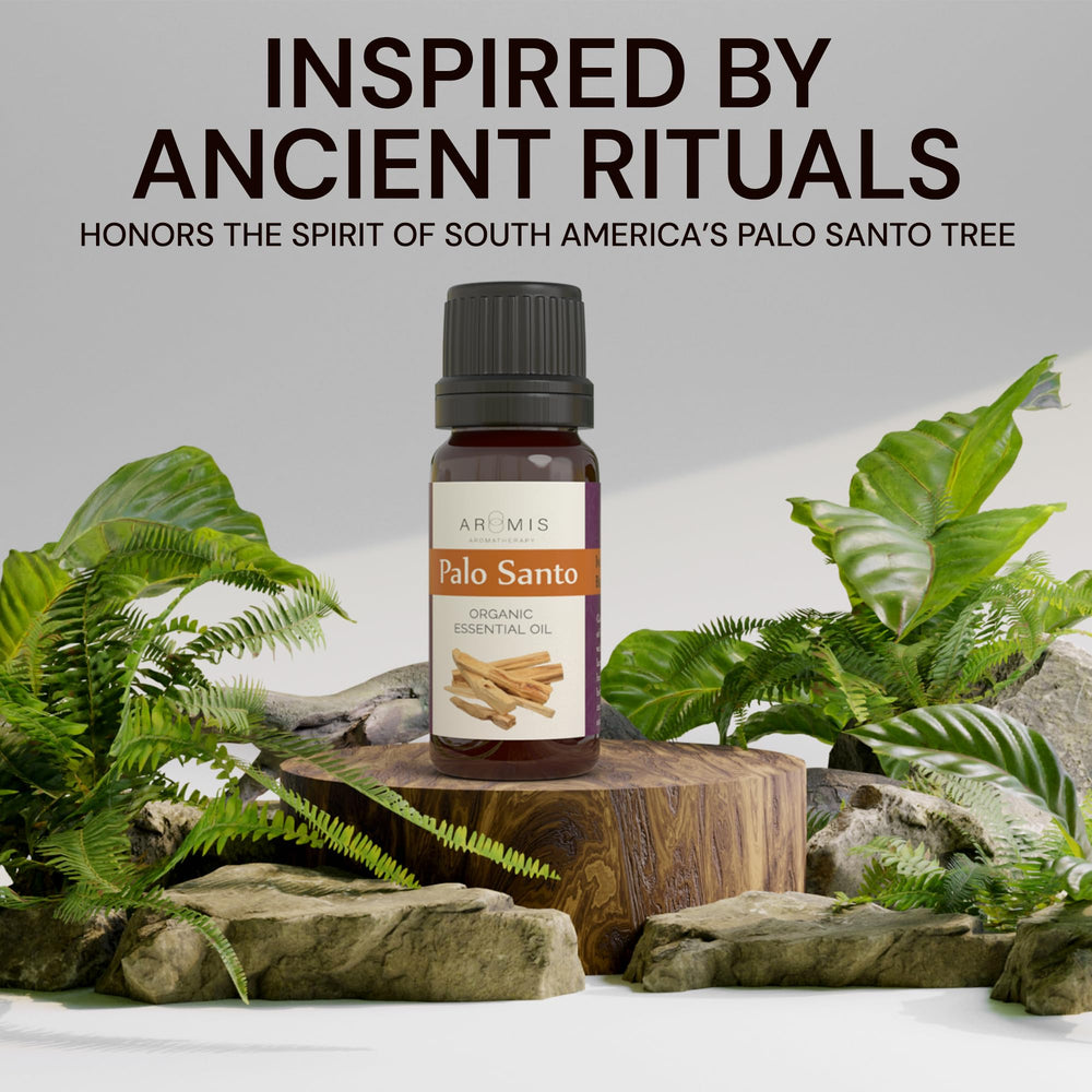 ArOmis Palo Santo oil bottle pour showcases rich aroma for diffusers.