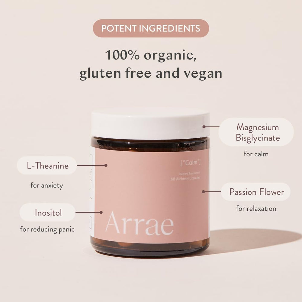 Arrae Calm bottle dispensing capsules for easy daily use.